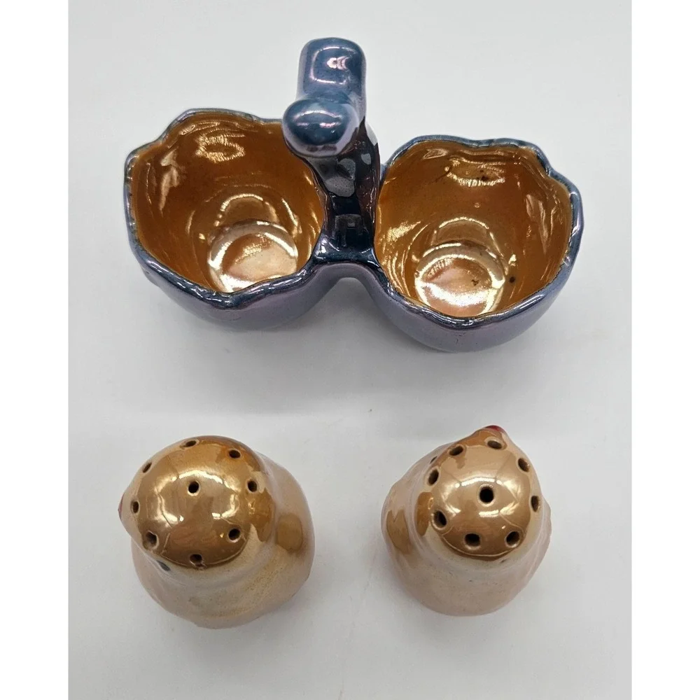 Lusterware Japan Ceramic Chick Salt and Pepper Shakers in Egg Holder with Handle